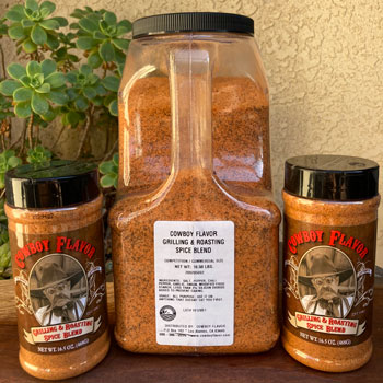 one 10.5 lb container Grilling and Roasting Spice Blend surrounded by two 16.5 oz containers Grilling and Roasting Spice Blend