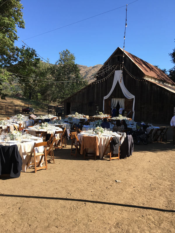 barn decorated with lights and draped fabric with round tables in front.
