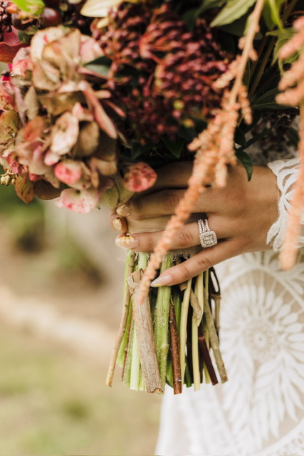 Close up of bride's hands holding bouquet