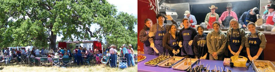 Two outdoor events, one under a large tree, the other of a group of FFA volunteers in from of Big Red